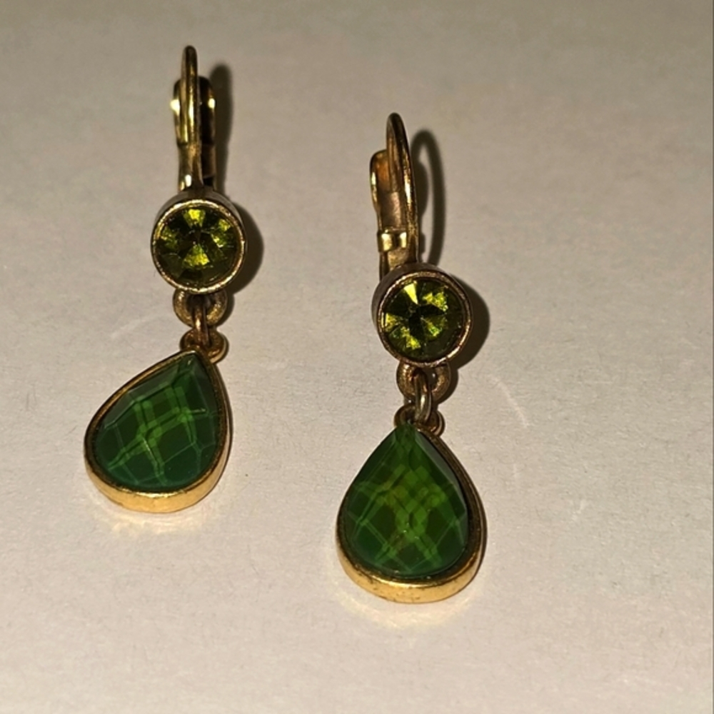 Lucky Brand Green and Gold Leverback Drop Earrings